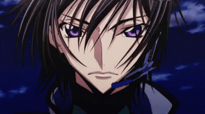 A Close Up Of A Person 'S Face With Purple Eyes And Black Hair GIF