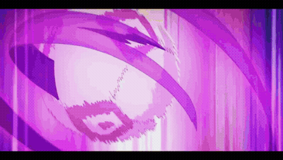 A Close Up Of A Person 'S Face With Purple Lines Coming Out Of It GIF