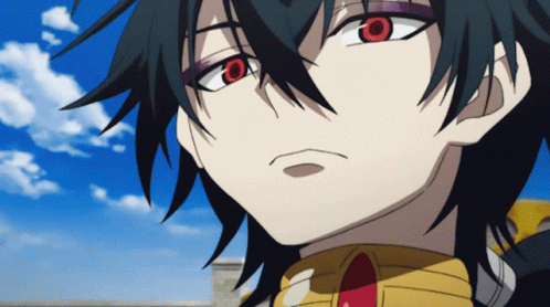 A Close Up Of A Person 'S Face With Red Eyes And Black Hair GIF