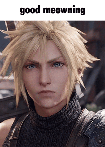 A Close Up Of A Person 'S Face With The Caption Good Meowning GIF