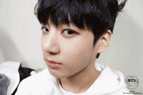A Close Up Of A Person 'S Face With The Letters Bts On The Bottom GIF