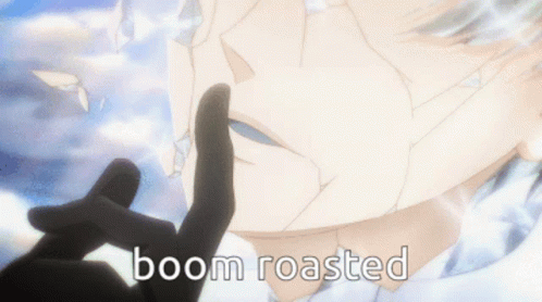 A Close Up Of A Person 'S Face With The Words Boom Roasted In The Corner GIF