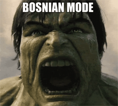 A Close Up Of A Person 'S Face With The Words Bosnian Mode Written On It GIF