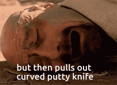 A Close Up Of A Person 'S Face With The Words But Then Pulls Out Curved Putty Knife GIF