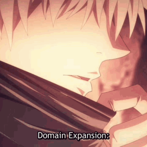 A Close Up Of A Person 'S Face With The Words Domain Expansion Written On It GIF
