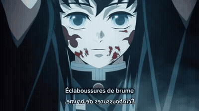 A Close Up Of A Person 'S Face With The Words Eclaboussures De Brume Above It GIF