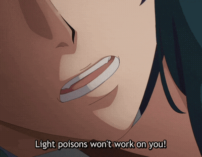 A Close Up Of A Person 'S Face With The Words Light Poisons Won 'T Work On You Below It GIF
