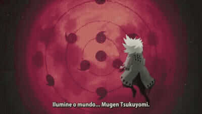 A Close Up Of A Person 'S Face With The Words " Lumine O Mundo ... Mugen Tsukuyomi " Below It GIF