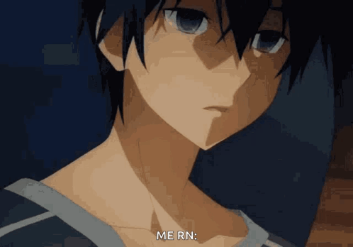 A Close Up Of A Person 'S Face With The Words `` Me Rn '' Written On The Bottom . GIF