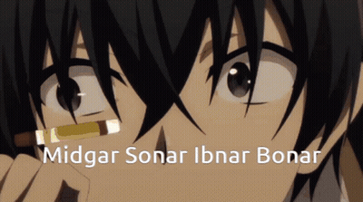 A Close Up Of A Person 'S Face With The Words Midgar Sonar Ibnar Bonar Below GIF