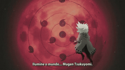 A Close Up Of A Person 'S Face With The Words " Mugen Tsukuyomi " Below It GIF
