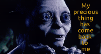 A Close Up Of A Person 'S Face With The Words My Precious Thing Has Come Back To Me GIF