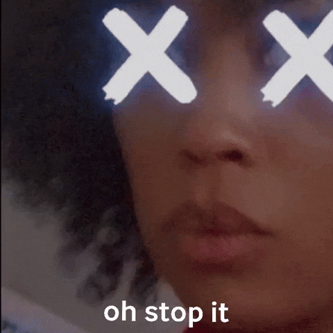 A Close Up Of A Person 'S Face With The Words Oh Stop It Written Above It GIF