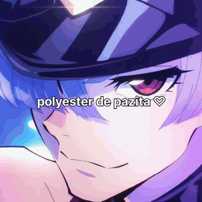 A Close Up Of A Person 'S Face With The Words Polyester De Pazita Written Above It GIF