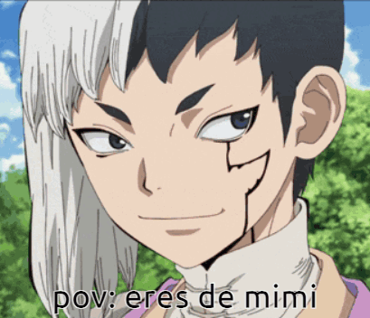 A Close Up Of A Person 'S Face With The Words Pov Eres De Mimi On The Bottom GIF