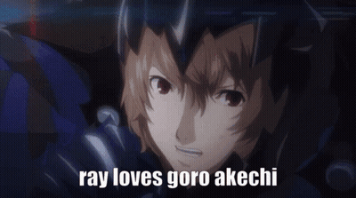 A Close Up Of A Person 'S Face With The Words `` Ray Loves Goro Akchi '' Written On The Bottom . GIF
