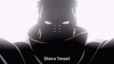 A Close Up Of A Person 'S Face With The Words Shinra Tensei . GIF