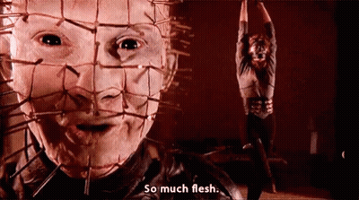 A Close Up Of A Person 'S Face With The Words So Much Flesh Written Below It GIF