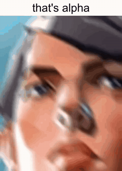 A Close Up Of A Person 'S Face With The Words That 'S Alpha Written Above It GIF