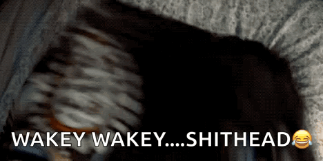 A Close Up Of A Person 'S Face With The Words Wakey Wakey Shithead Below It GIF
