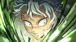 A Close Up Of A Person 'S Face With White Hair And Green Swords In The Background . GIF