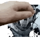 A Close Up Of A Person 'S Hand Touching A Skull With A Microphone . Sticker