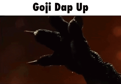A Close Up Of A Person 'S Hand With The Words Goji Dap Up Written Below It GIF