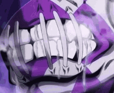 A Close Up Of A Person 'S Mouth With A Lot Of Teeth And A Purple Background . GIF