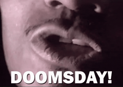 A Close Up Of A Person 'S Mouth With The Words Doomsday In White Letters GIF