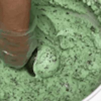 A Close Up Of A Person Scooping Mint Chocolate Chip Ice Cream Into A Bowl . GIF