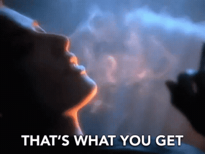 A Close Up Of A Person Smoking A Cigarette With The Words `` That 'S What You Get '' Written Below It . GIF