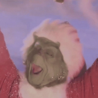 A Close Up Of A Person Wearing A Grinch Mask And A Santa Hat In The Snow . GIF