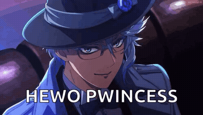 A Close Up Of A Person Wearing A Hat And Glasses With The Words Hewo Pwincess Written On The Bottom . GIF