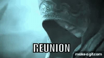 A Close Up Of A Person Wearing A Mask With The Words `` Reunion '' Written On It . GIF