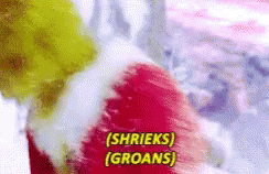 A Close Up Of A Person Wearing A Santa Suit With The Words Shreks Groans Written In Yellow Letters . GIF