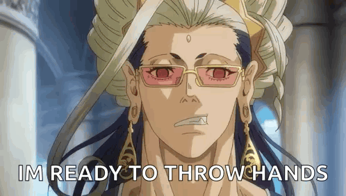 A Close Up Of A Person Wearing Glasses And Earrings With The Words `` Im Ready To Throw Hands '' . GIF