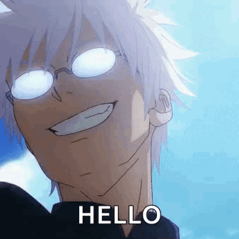 A Close Up Of A Person Wearing Glasses And Smiling With The Words `` Hello '' . GIF