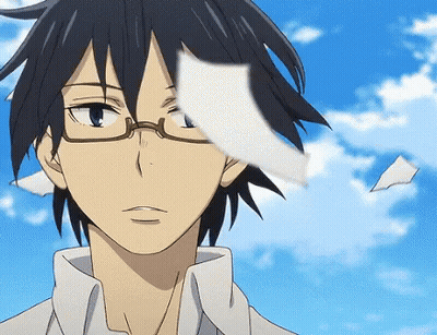 A Close Up Of A Person Wearing Glasses With A Piece Of Paper Flying In The Air GIF