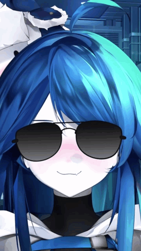 A Close Up Of A Person Wearing Sunglasses With A Blue Hair GIF