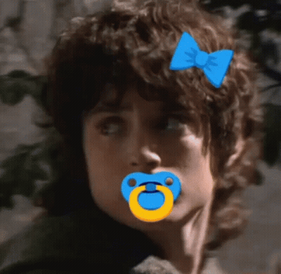 A Close Up Of A Person With A Pacifier In Their Mouth And A Blue Bow On Their Head . GIF