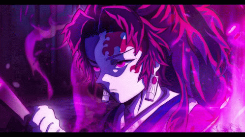 A Close Up Of A Person With Purple Hair Holding A Sword GIF