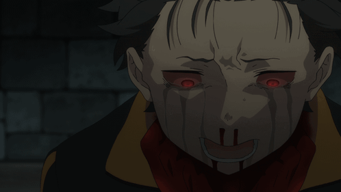 A Close Up Of A Person With Red Eyes And Blood On Their Face GIF