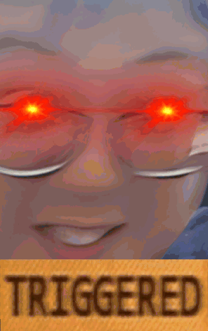 A Close Up Of A Person With Red Eyes And The Word Triggered On The Bottom GIF