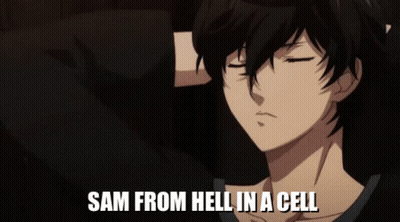 A Close Up Of A Person With The Words " Sam From Hell In A Cell " Above Them GIF