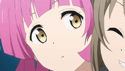 a close up of a pink haired anime character