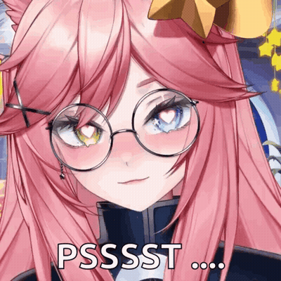 A Close Up Of A Pink Haired Anime Girl Wearing Glasses That Says Psssst GIF