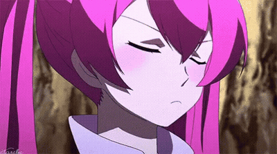 A Close Up Of A Pink Haired Anime Girl With Her Eyes Closed And A Serious Look On Her Face . GIF