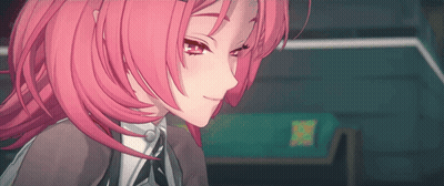 A Close Up Of A Pink Haired Anime Girl With Red Eyes GIF
