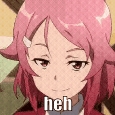 A Close Up Of A Pink Haired Anime Girl With The Word  Heh On Her Face . GIF