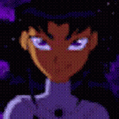 A Close Up Of A Pixel Art Of A Person 'S Face With A Purple Background . GIF